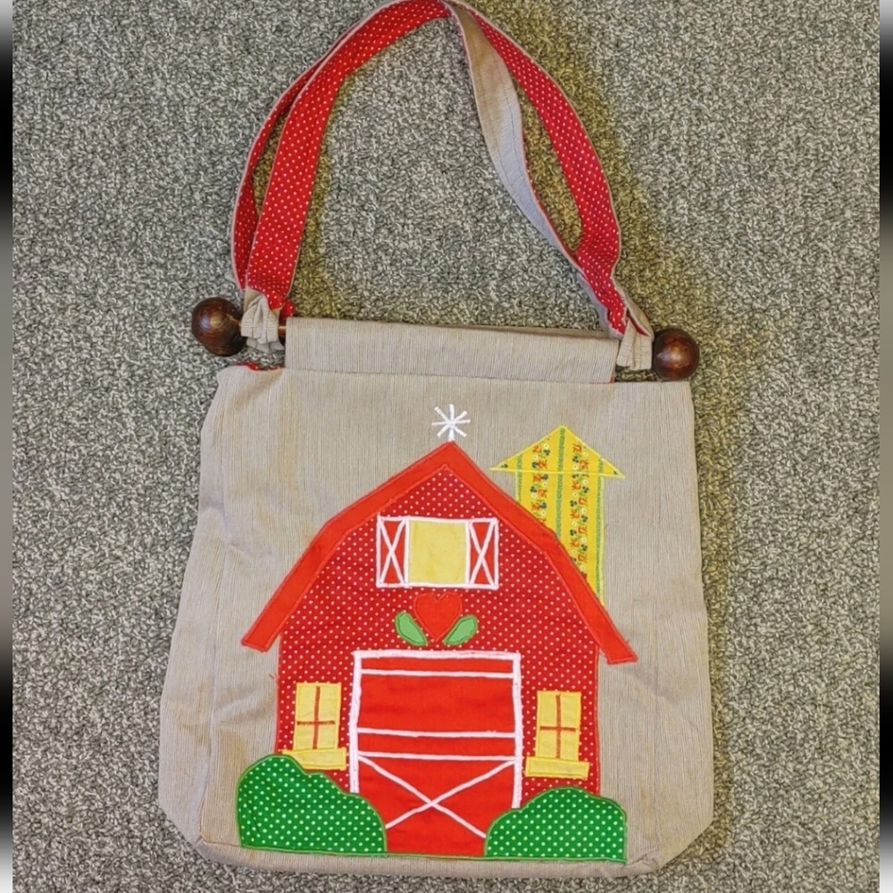 Farmhouse Style Corduroy Tote Bag Purse Barn Wood Dowels Double Handles Beige